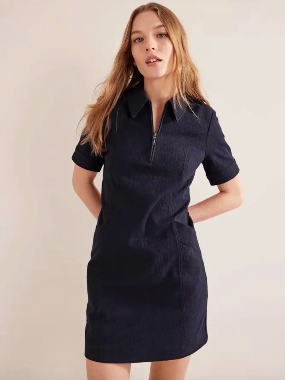 Boden Lara Navy Short-Sleeve Mini Dress with Front Pockets